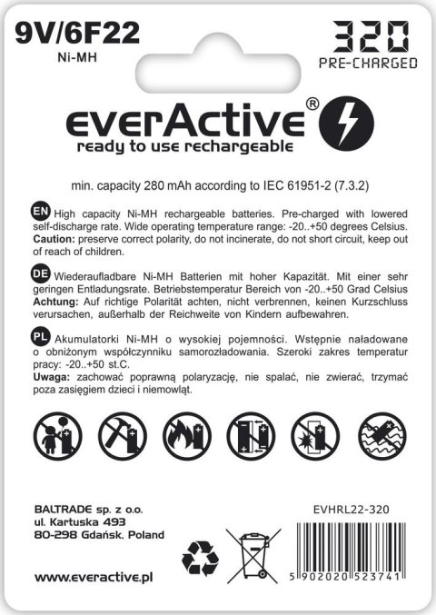 Baterie EVERACTIVE NiMH PP3 (9V, 6LR61, 6F22, 6R61) 320mAh Blister EVHRL22-320 Baterie EVERACTIVE NiMH PP3 (9V, 6LR61, 6F22, 6R61) 320mAh Blister EVHRL22-320
