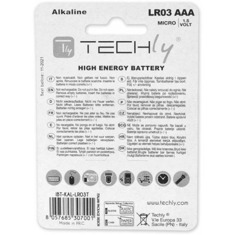 Baterie TECHLY Alkaliczna AAA (LR03, R03, 24A, MN2400, AM4, UM4, HP16) 4 szt. 307001 Baterie TECHLY Alkaliczna AAA (LR03, R03, 24A, MN2400, AM4, UM4, HP16) 4 szt. 307001